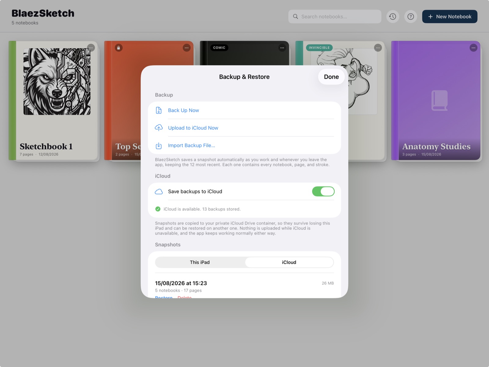 BlaezSketch Backup and Restore with iCloud Drive snapshots and Restore actions