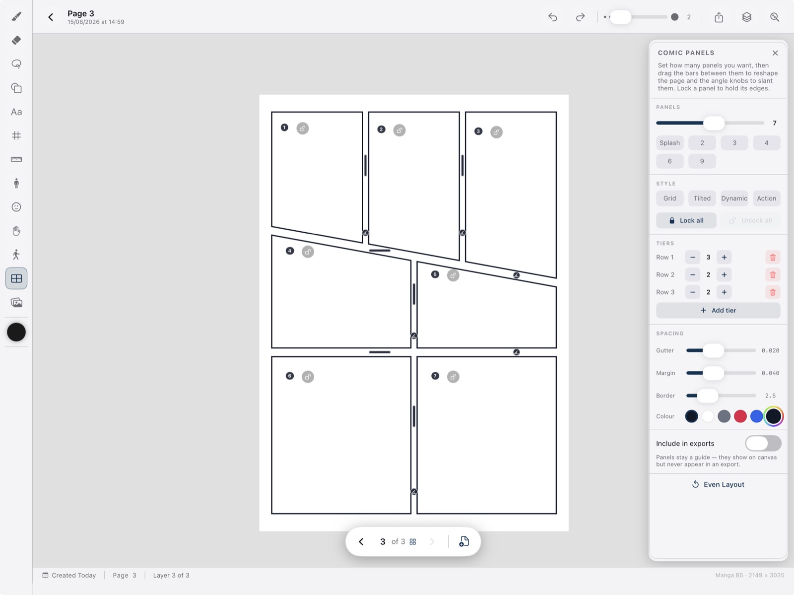 BlaezSketch comic panel tool with a seven-panel tilted layout on a Manga B5 page