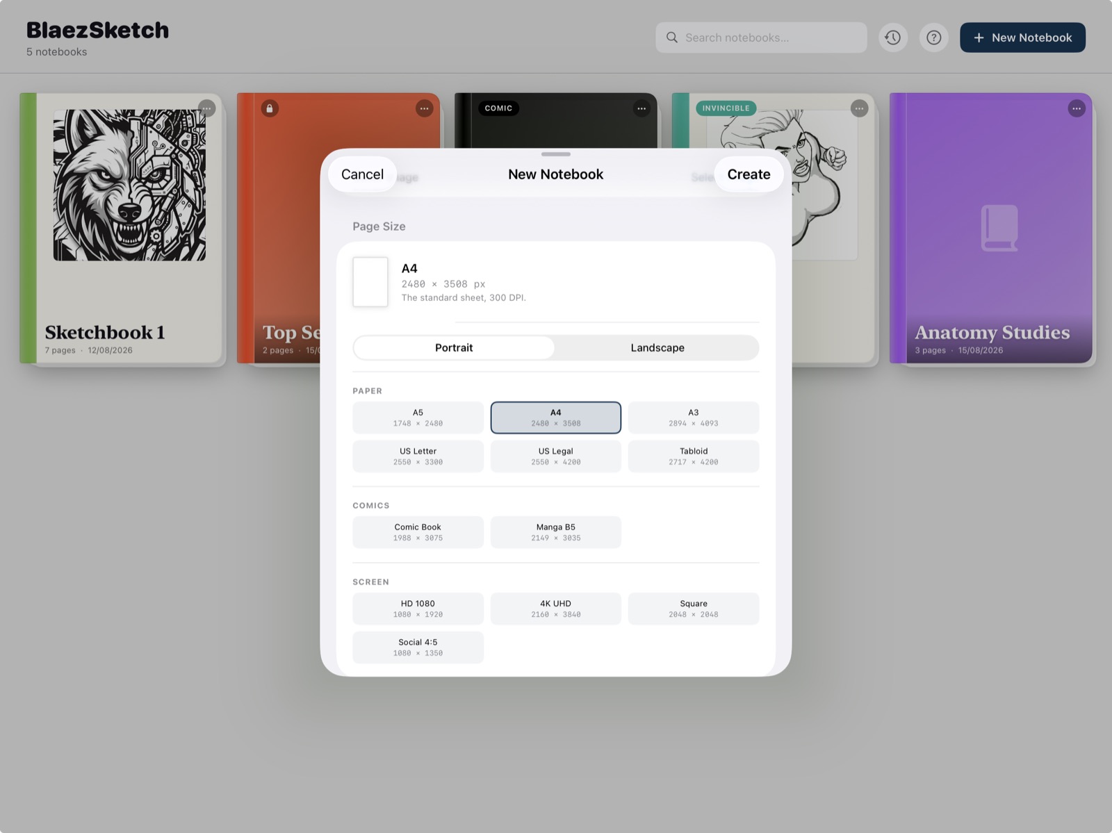BlaezSketch New Notebook dialog with A4 portrait and paper, comics, and screen presets