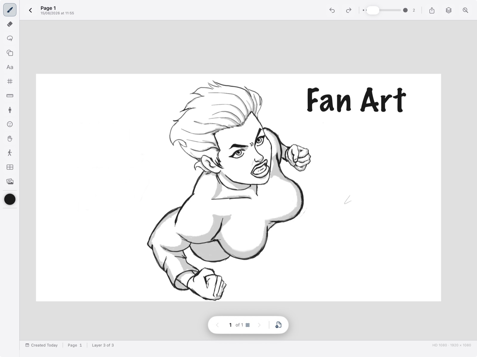 BlaezSketch canvas with a character sketch, layers, and Apple Pencil tools
