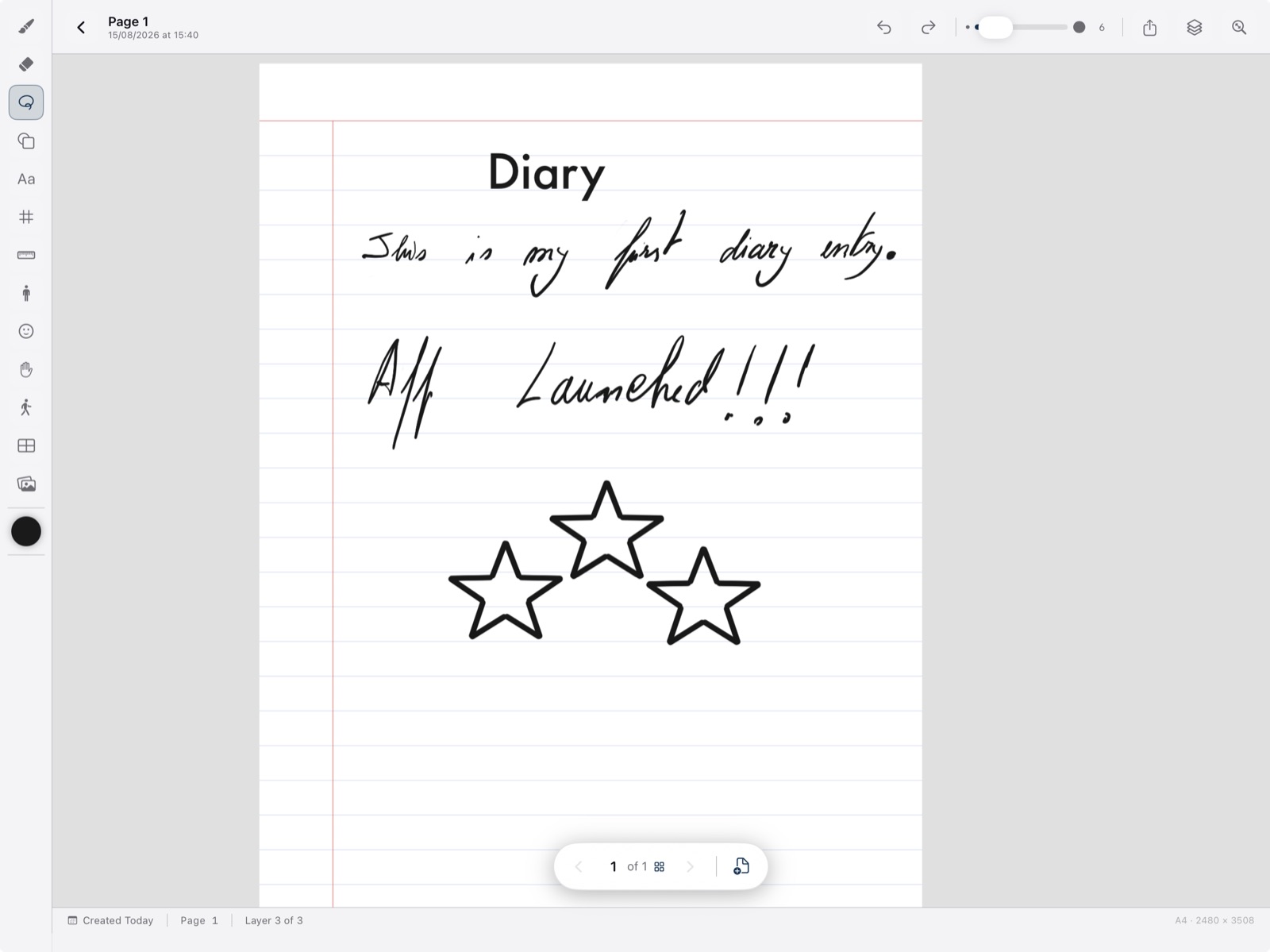 BlaezSketch diary page on lined paper with handwriting, stars, and a text title