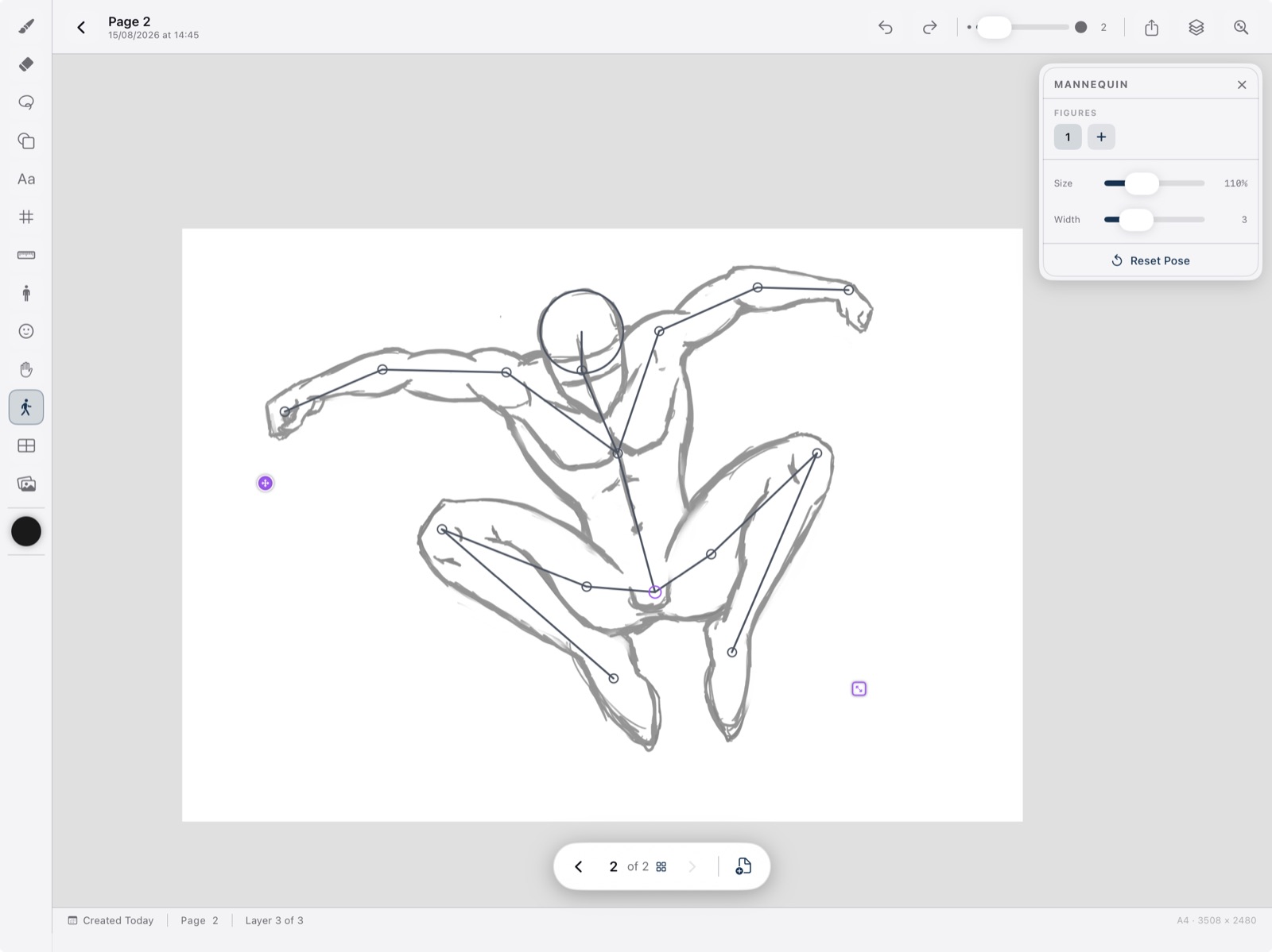 BlaezSketch posable stick-figure mannequin over a crouched action sketch