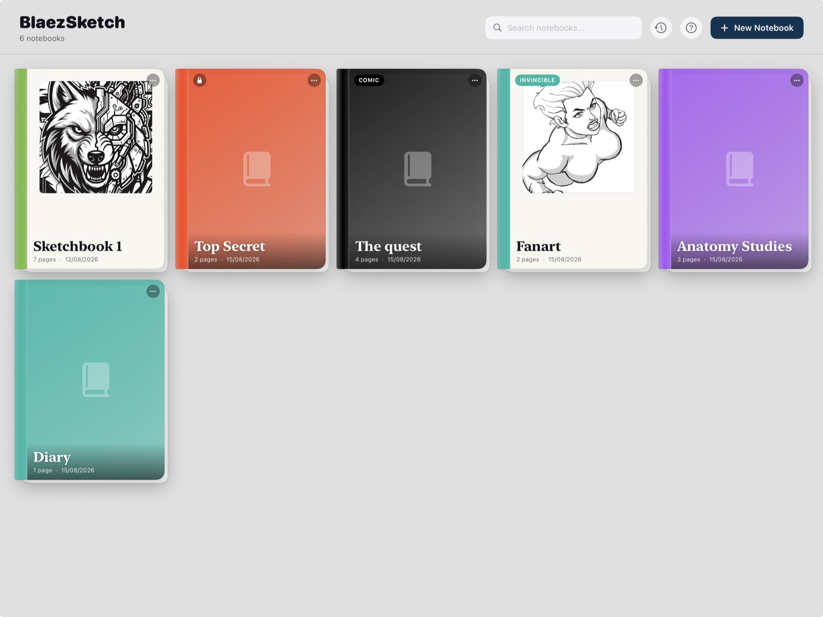 BlaezSketch home showing six notebooks with coloured spines, cover art, and a locked Top Secret book