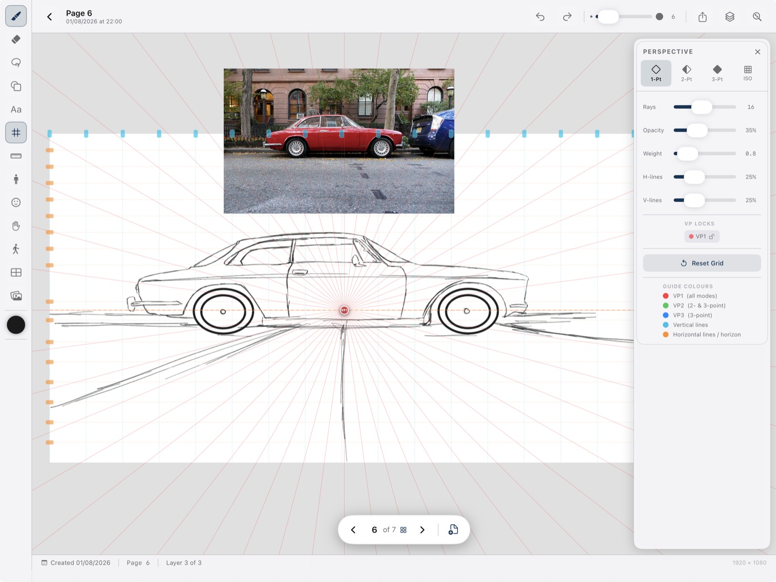 BlaezSketch canvas with a multi-point perspective grid and adjustable vanishing points