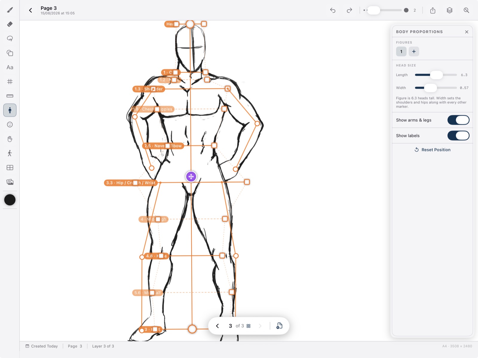 BlaezSketch body proportion guide over a figure sketch with head-count landmarks