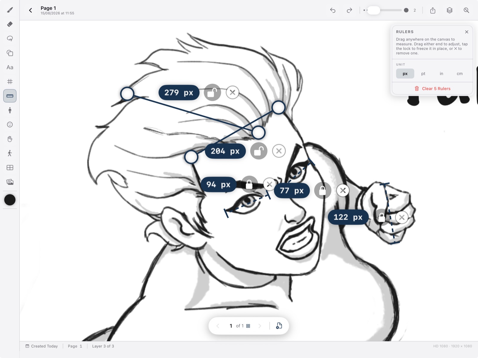 BlaezSketch rulers overlay measuring features on a character sketch in pixels